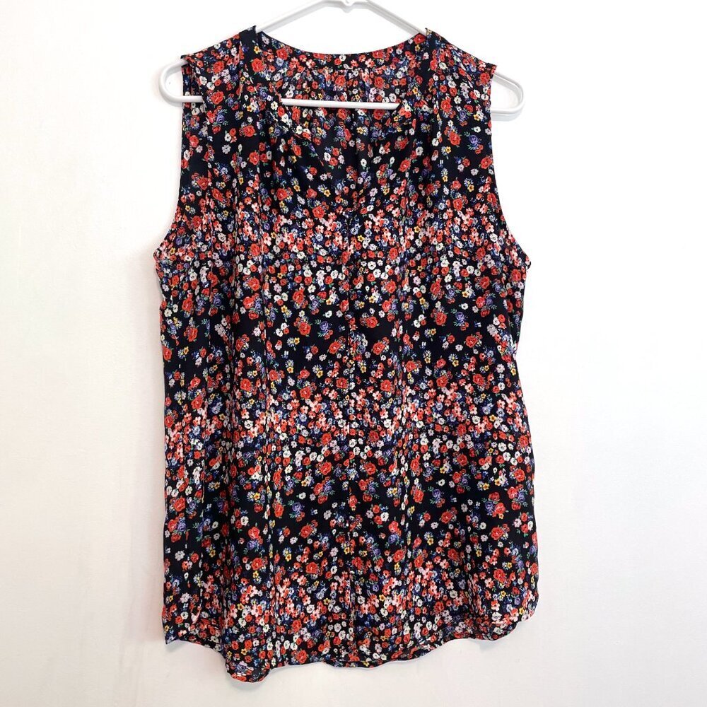 RACHEL ZOE Navy Blue Red Multi Floral Button Front Sleeveless Work Blouse Top M?